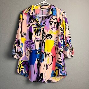 JODIFL Abstract Wearable Art Print Button Up Shirt Top Roll Tab SL Multi Color S